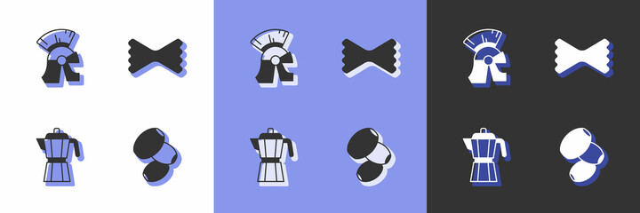 Set Olives, Roman army helmet, Coffee maker moca pot and Macaroni icon. Vector