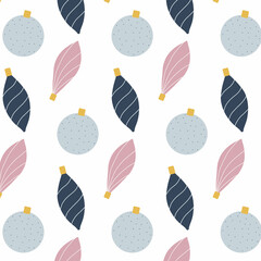 Hand-drawn Christmas seamless pattern with balls. Pattern with Christmas toys on the tree.