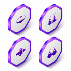 Set Isometric Bracelet jewelry, Earrings, Diamond engagement and icon. Purple hexagon button. Vector
