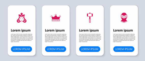 Set Medieval helmet, Battle hammer, King crown and Princess or queen. Business infographic template. Vector