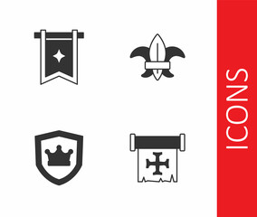 Set Crusade, Medieval flag, Shield with crown and Fleur lys or lily flower icon. Vector