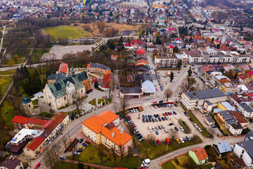 Aerial view of Krasnik town historical center with Cathedral and buildings, Poland