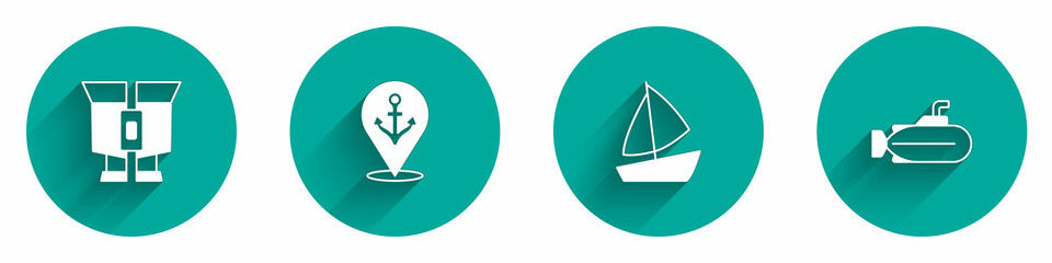 Set Binoculars, Location with anchor, Yacht sailboat and Submarine icon with long shadow. Vector