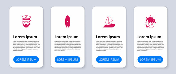 Set Tsunami, Yacht sailboat, Surfboard and Captain of ship. Business infographic template. Vector