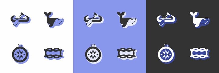 Set Nautical rope knots, Kayak and paddle, Compass and Whale icon. Vector