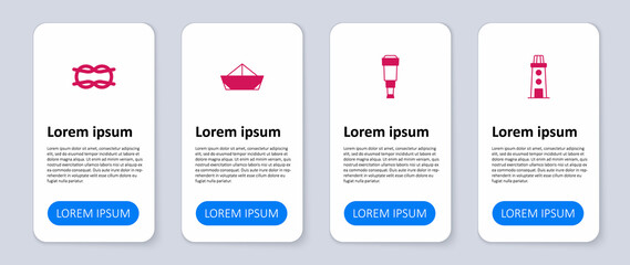 Set Lighthouse, Spyglass telescope lens, Folded paper boat and Nautical rope knots. Business infographic template. Vector