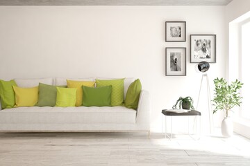 White living room with sofa. Scandinavian interior design. 3D illustration