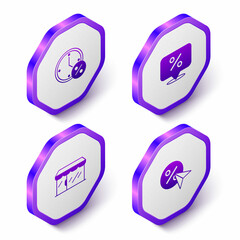 Set Isometric Clock and percent discount, Discount tag, Market store and icon. Purple hexagon button. Vector