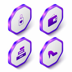 Set Isometric Heart tag, Wallet, Cash register machine and Woman shoe icon. Purple hexagon button. Vector