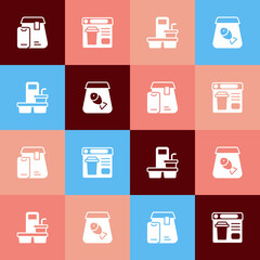 Set pop art Online ordering food, Coffee cup to go and fish icon. Vector