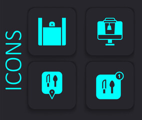 Set Food ordering, Online food, and Cafe and restaurant location icon. Black square button. Vector