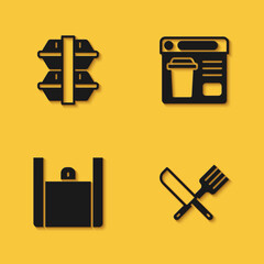 Set Lunch box, Crossed knife and fork, Online ordering food and icon with long shadow. Vector