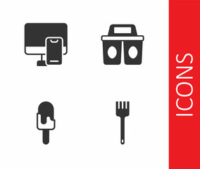 Set Fork, Online ordering food, Ice cream and Coffee cup to go icon. Vector