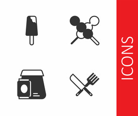 Set Crossed knife and fork, Ice cream, Online ordering food and Meatballs on wooden stick icon. Vector