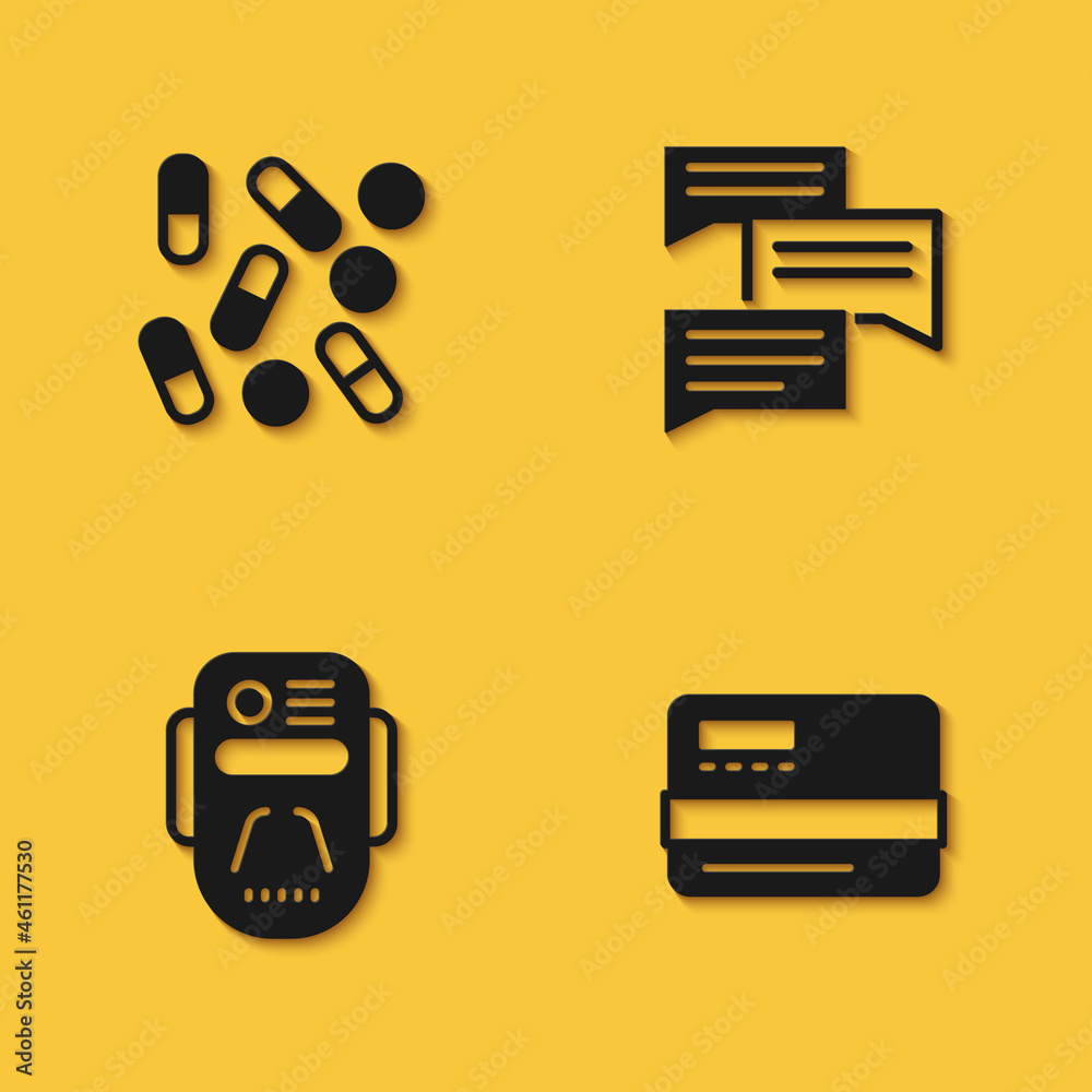 Canvas Prints Set Medical pill biohacking, Credit card, Artificial intelligence robot and Speech bubble chat icon with long shadow. Vector