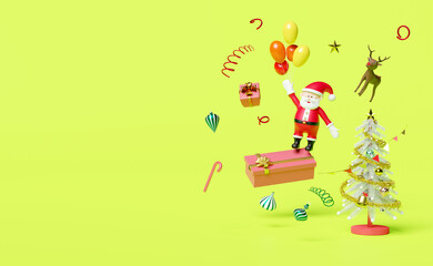 Santa claus in pink gift box,christmas tree,reindeer,balloon isolated on green background.website,poster or Happiness cards,festive New Year concept,3d illustration or 3d render