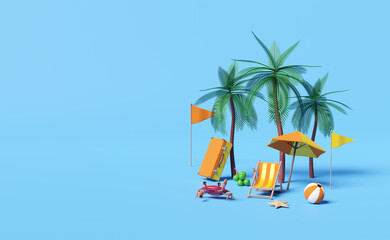summer travel with suitcase,beach chair,umbrella,coconut,palm tree,crab, ball,flag,starfish isolated on blue background,concept 3d illustration or 3d render