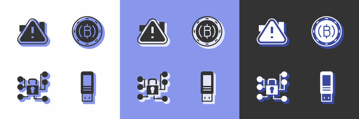 Set USB flash drive, Exclamation mark in triangle, Cyber security and Cryptocurrency coin Bitcoin icon. Vector