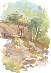 Old building near the sea. Autumn watercolor background