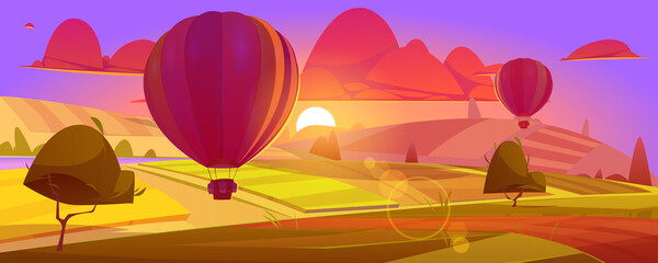 Hot air balloons flying above field or valley in purple sky with red clouds. Beautiful sunset scenery landscape view, ballon with basket flight travel, aerial tourism, Cartoon vector illustration © klyaksun