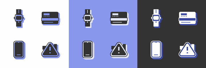 Set Exclamation mark in triangle, Wrist watch, Mobile phone and Credit card icon. Vector