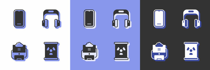 Set Radioactive waste in barrel, Mobile phone, Cloud database and Headphones icon. Vector