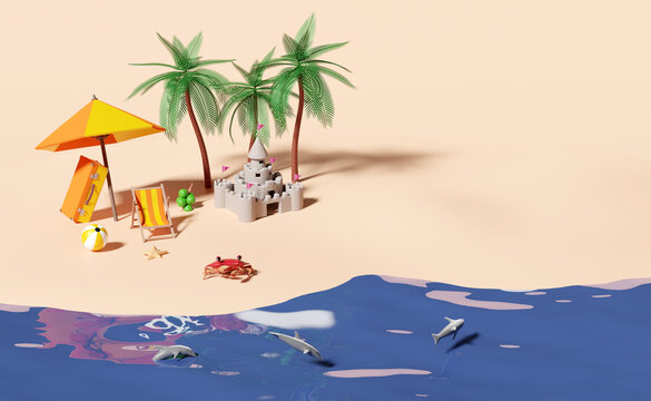 summer travel with suitcase,sand castle,island,umbrella,coconut,palm tree,sea,beach chair,crab, ball,dolphin, concept 3d illustration or 3d render