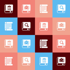 Set pop art Law book, Photo album gallery, Decree, parchment, scroll and Book about women icon. Vector