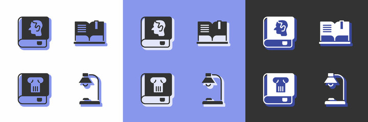 Set Table lamp, Law book, History and Open icon. Vector
