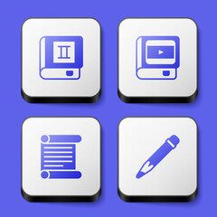 Set Book, about cinema, Decree, parchment, scroll and Pencil with eraser icon. White square button. Vector