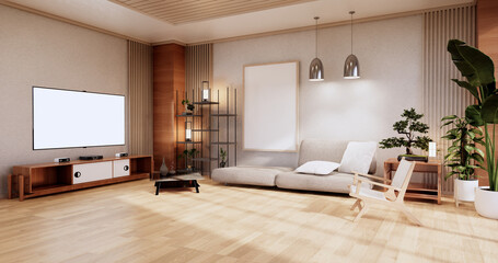 Modern japanese living room interior, sofa and cabinet table on room white wall background.3D rendering