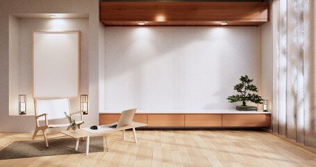 Modern japanese living room interior, sofa and cabinet table on room white wall background.3D rendering