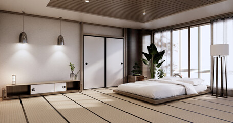 interior mock up with zen bed plant and decoartion in japanese bedroom. 3D rendering.