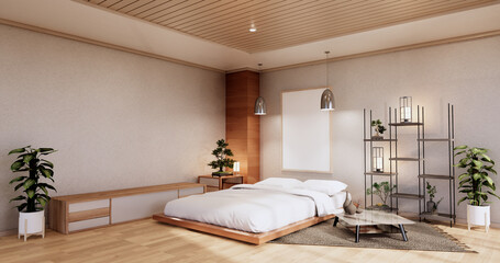 interior mock up with zen bed plant and decoartion in japanese bedroom. 3D rendering.