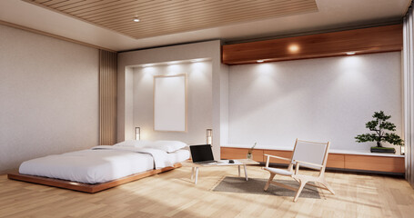 Naklejka na ściany i meble interior mock up with zen bed plant and decoartion in japanese bedroom. 3D rendering.