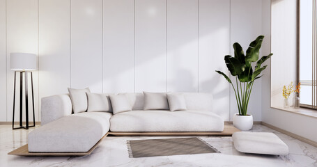 Interior,Living room modern minimalist has sofa on white wall and granite tiles floor.3D rendering