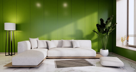 Interior, Green Living room modern minimalist has sofa on white wall and granite tiles floor.3D rendering