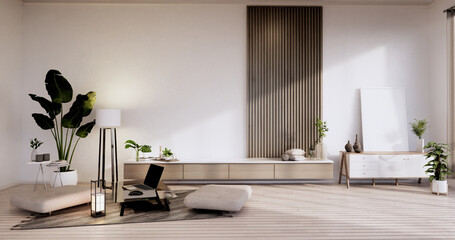 Modern japanese living room interior, mini sofa and cabinet table on room white wall background.3D rendering