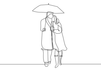 Happy Couple of Woman and Man  Continuous Line Drawing. Couple Under an Umbrella Minimalist Illustration. People in the Rain One Line Abstract Concept. Minimalist Contour Drawing. Vector EPS 10.