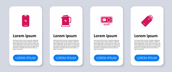 Set Battery charge, Electrical outlet, kettle and Mobile phone. Business infographic template. Vector