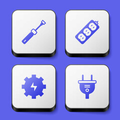 Set Screwdriver, Electric extension, Gear and lightning and plug icon. White square button. Vector