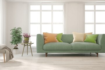 Modern living room in white color with sofa. Scandinavian interior design. 3D illustration