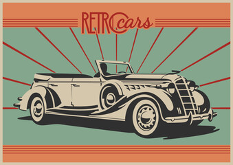 Classic 1920s, 1930s Car, Retro Auto Advertising Posters style, Old Colors and Decoration  - obrazy, fototapety, plakaty