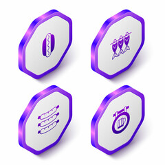 Set Isometric Hotdog sandwich, Dried fish, Sausage and Street signboard with beer icon. Purple hexagon button. Vector