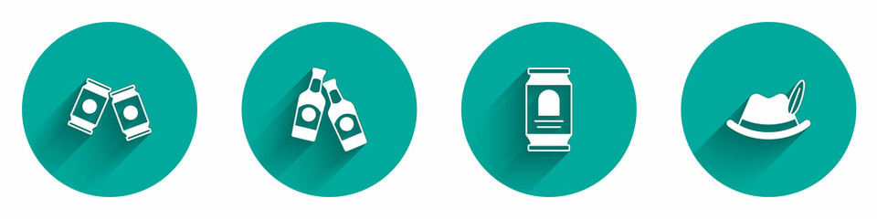 Set Beer can, bottle, and Oktoberfest hat icon with long shadow. Vector