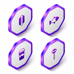 Set Isometric Hotdog, Fish, Coffee cup to go and Lollipop icon. Purple hexagon button. Vector