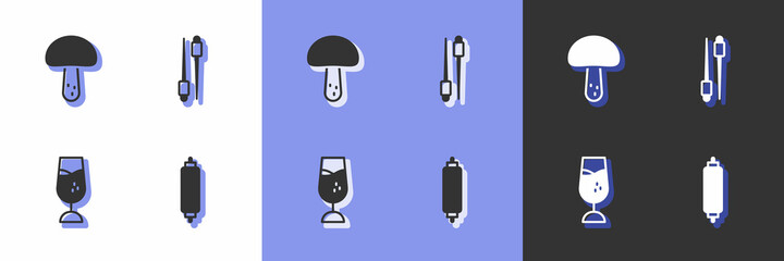 Set Rolling pin, Mushroom, Wine glass and Food chopsticks icon. Vector