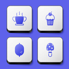 Set Bowl of hot soup, Muffin, Lemon and Fly agaric mushroom icon. White square button. Vector