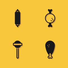 Set Rolling pin, Chicken leg, Lollipop and icon with long shadow. Vector