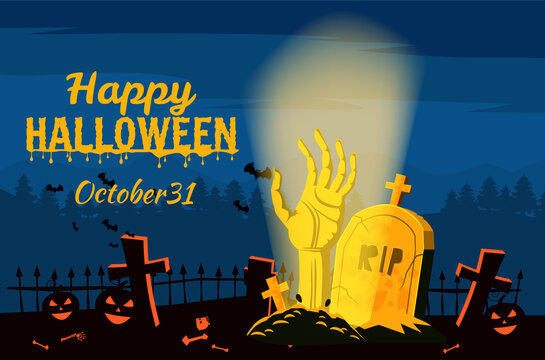 Happy Halloween poster, night cemetery, zombie hand. Vector illustration cartoon style banner